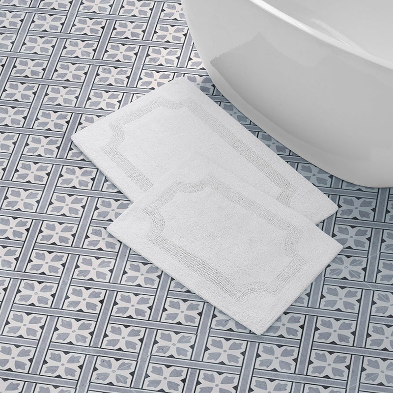 Laura Ashley - Reversible Cotton Bath Mat, Premium Bathroom DÃ©cor, Machine Washable Bathroom Rug, Highly Absorbent, 17"x24"/20"x32" 2-Piece Set, White - Image 1